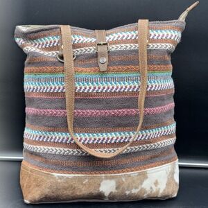 Myra Bag Leather Cow Print Tote Weekend Festival Upcycled Canvas Shoulder Purse